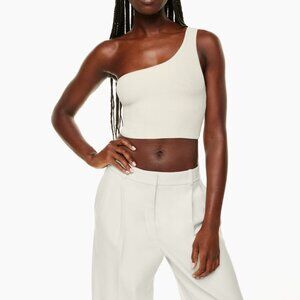 $58 Aritzia Babaton Sculpt Knit One-Shoulder Cropped Tank in Matte Pearl XS